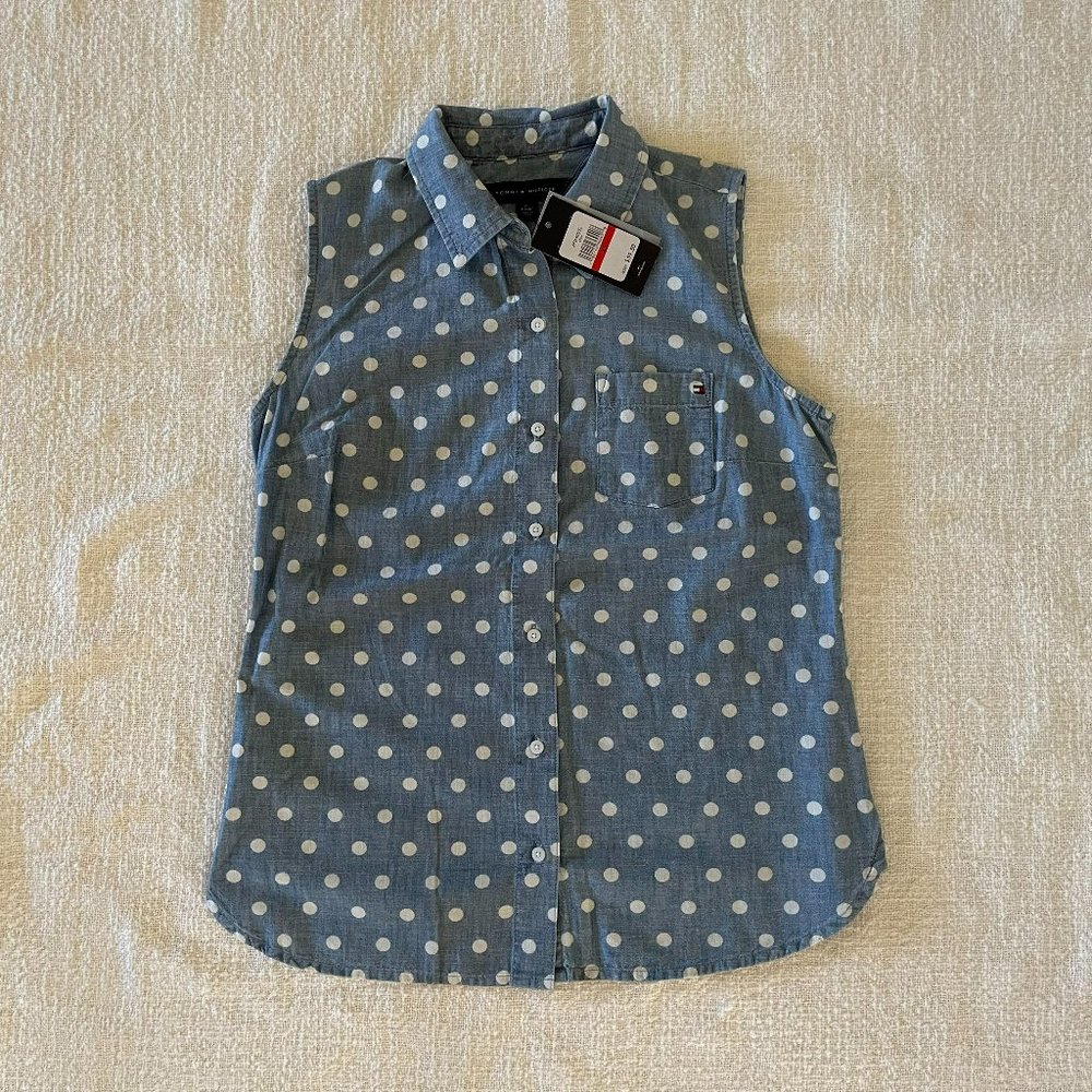 Tommy Hilfiger Women's Denim Blue Cap Sleeve Button Down Shirt - Size XS (NWT)